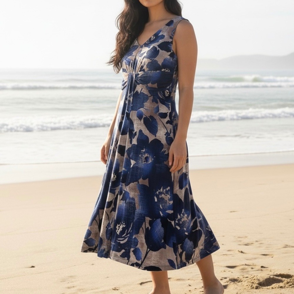 Tommy Bahama Womens Blue Floral V-Neck Sleeveless Midi Dress XL Coastal Resort